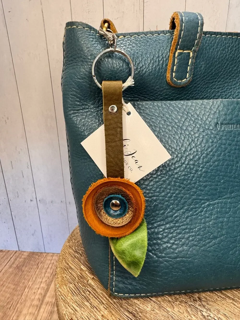 Genuine Leather Round Flower Purse Charm Tan Gold Blue Boho Bag Charm